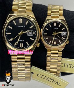 ساعت سیتیزن ست مردانه و زنانه مدل سویوسا کوارتز طلایی صفحه مشکی 021327 CITIZEN TSUYOSA 