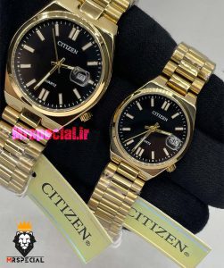 ساعت سیتیزن ست مردانه و زنانه مدل سویوسا کوارتز طلایی صفحه مشکی 021327 CITIZEN TSUYOSA 
