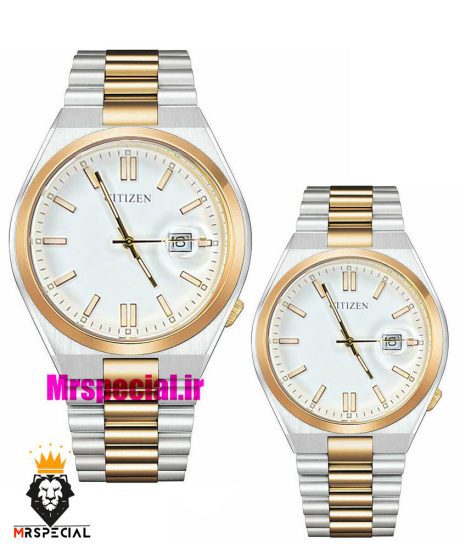 ساعت سیتیزن ست مردانه و زنانه مدل سویوسا کوارتز دورنگ طلایی صفحه سفید 020737 CITIZEN TSUYOSA