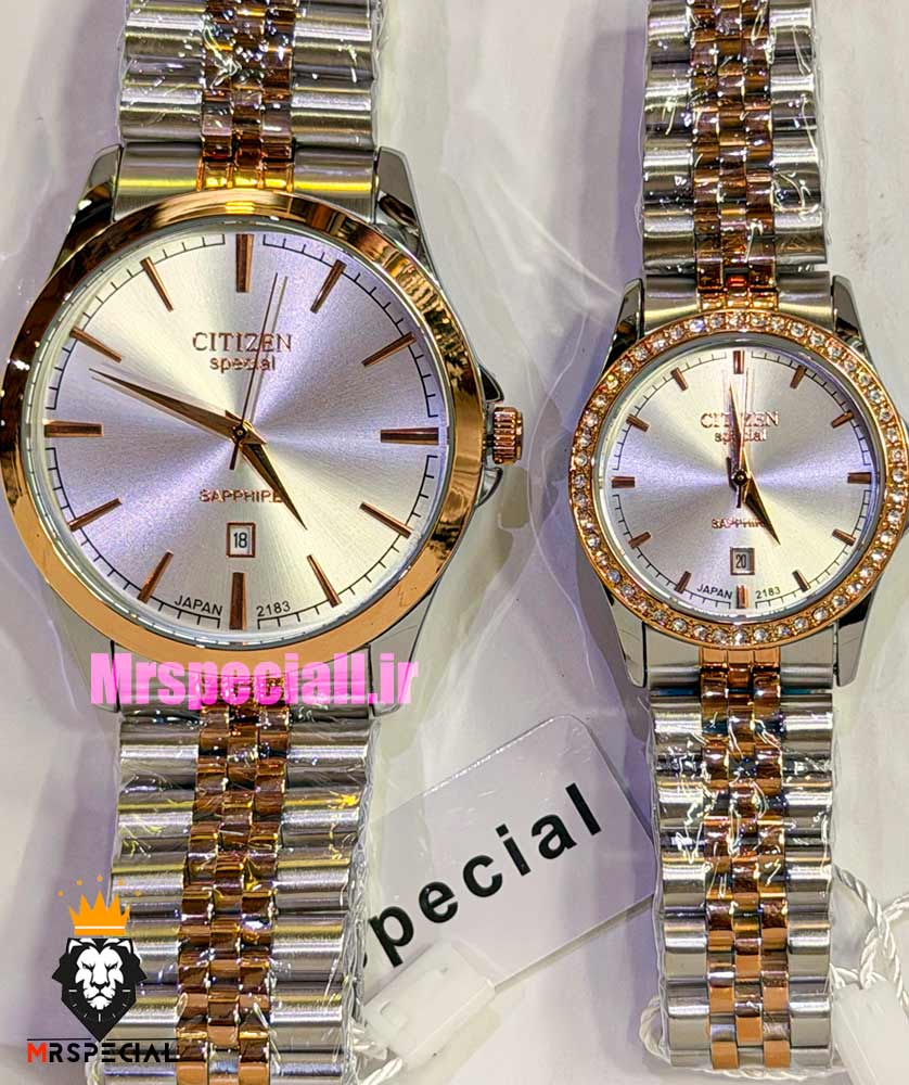 ساعت سیتیزن ست مردانه و زنانه اسپشیال دو رنگ رزگلد صفحه نقره ای 021673 CITIZEN SPECIAL