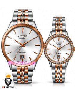 ساعت سیتیزن ست مردانه و زنانه اسپشیال دو رنگ رزگلد صفحه نقره ای 021673 CITIZEN SPECIAL