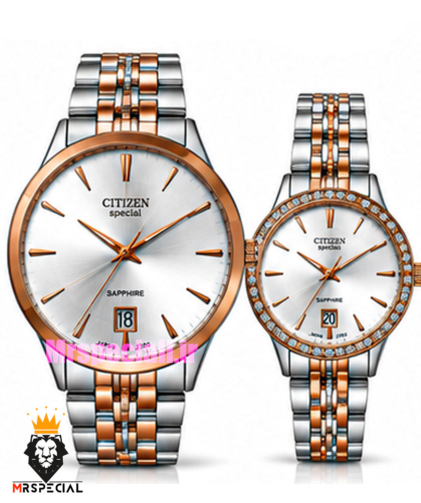 ساعت سیتیزن ست مردانه و زنانه اسپشیال دو رنگ رزگلد صفحه نقره ای 021673 CITIZEN SPECIAL