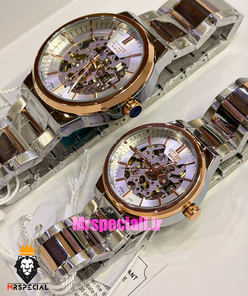 ساعت سیتیزن ست مردانه و زنانه اسپشیال اتوماتیک دو رنگ رزگلد صفحه اسکلتون 021674 CITIZEN SPECIAL
