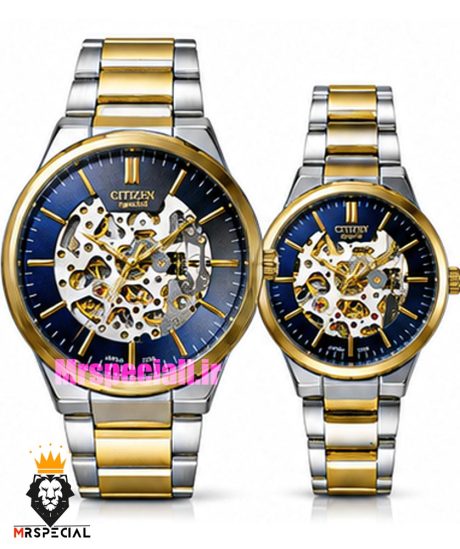 ساعت سیتیزن ست مردانه و زنانه اسپشیال اتوماتیک دو رنگ طلایی صفحه اسکلتون 021675 CITIZEN SPECIAL
