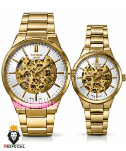 ساعت سیتیزن ست مردانه و زنانه اسپشیال اتوماتیک طلایی صفحه اسکلتون 021676 CITIZEN SPECIAL
