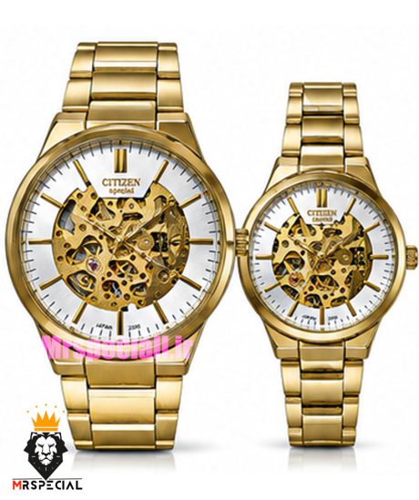 ساعت سیتیزن ست مردانه و زنانه اسپشیال اتوماتیک طلایی صفحه اسکلتون 021676 CITIZEN SPECIAL