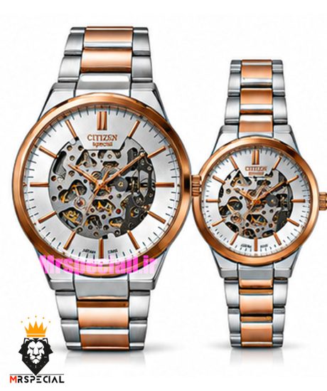ساعت سیتیزن ست مردانه و زنانه اسپشیال اتوماتیک دو رنگ رزگلد صفحه اسکلتون 021674 CITIZEN SPECIAL