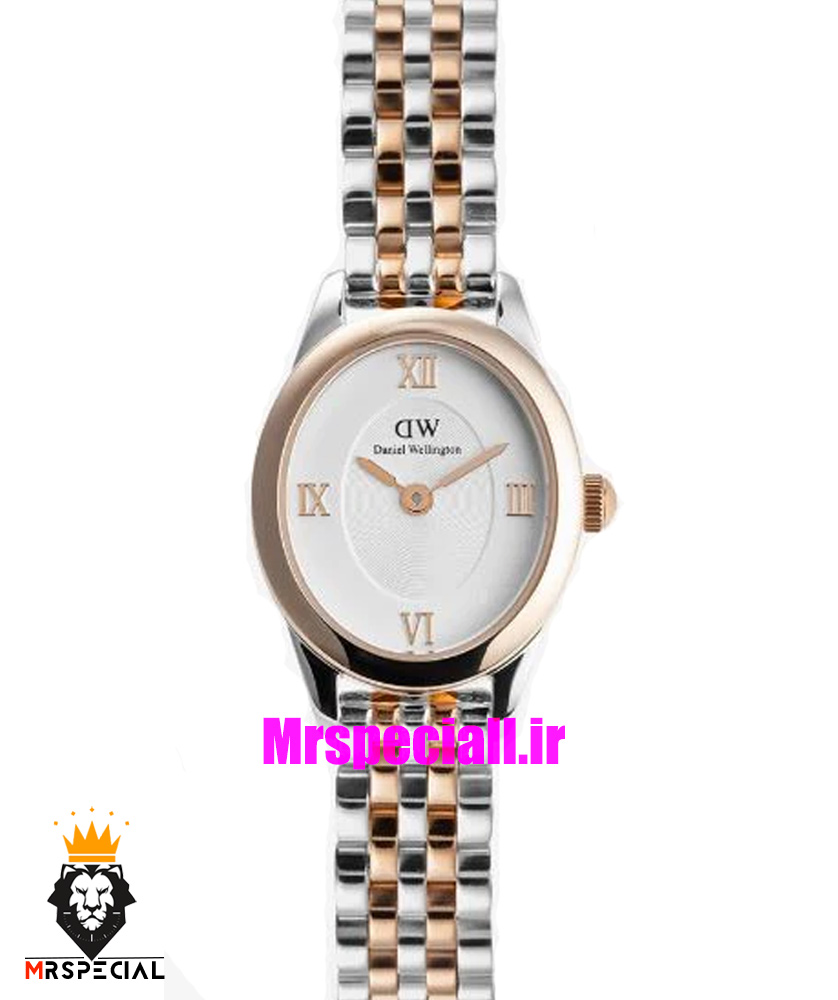ساعت زنانه دنیل ولینگتون مینی دو رنگ رزگلد صفحه بیضی سفید 021558 Daniel Wellington Ophelia