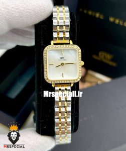 ساعت دنیل ولینگتون زنانه مربع دو رنگ طلایی قاب نگین صفحه سفید صدف Daniel Wellington 021197 