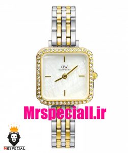 ساعت دنیل ولینگتون زنانه مربع دو رنگ طلایی قاب نگین صفحه سفید صدف Daniel Wellington 021197 