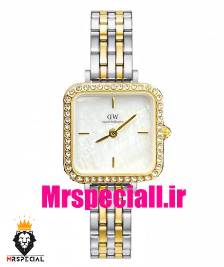 ساعت دنیل ولینگتون زنانه مربع دو رنگ طلایی قاب نگین صفحه سفید صدف Daniel Wellington 021197