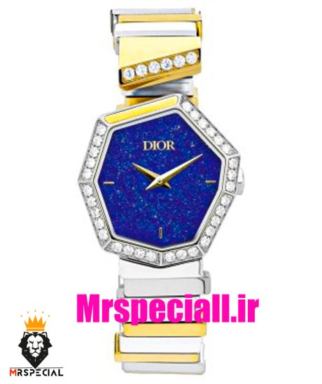 ساعت دیور زنانه دو رنگ طلایی دستبندی نگین دار صفحه ابی DIOR Gem Dior 020946