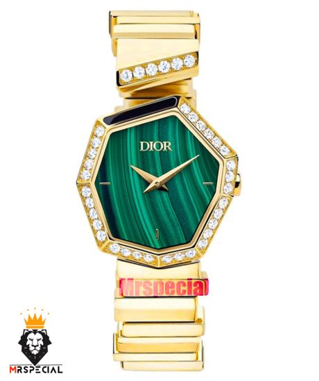 ساعت دیور زنانه دستبندی طلایی قاب نگین صفحه سبز Watch GEM DIOR 021401