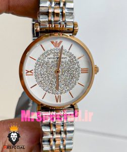 ساعت امپریو ارمانی زنانه استیل دو رنگ رزگلد صفحه سفید نگینی 020902 EMPORIO ARMANI