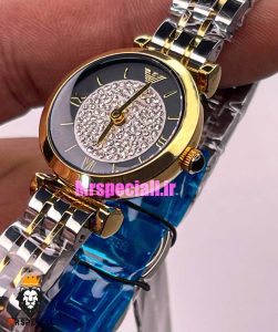 ساعت امپریو ارمانی زنانه استیل دو رنگ طلایی صفحه مشکی نگین 021418 EMPORIO ARMANI
