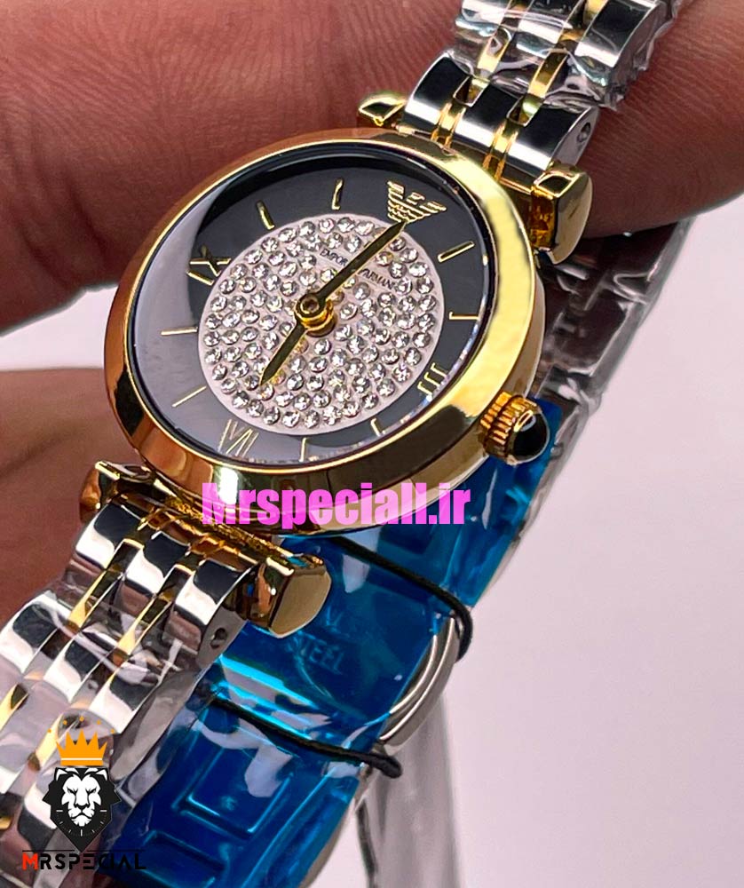 ساعت امپریو ارمانی زنانه استیل دو رنگ طلایی صفحه مشکی نگین 021418 EMPORIO ARMANI