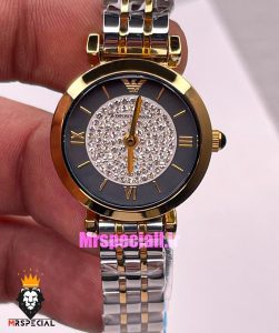 ساعت امپریو ارمانی زنانه استیل دو رنگ طلایی صفحه مشکی نگین 021418 EMPORIO ARMANI