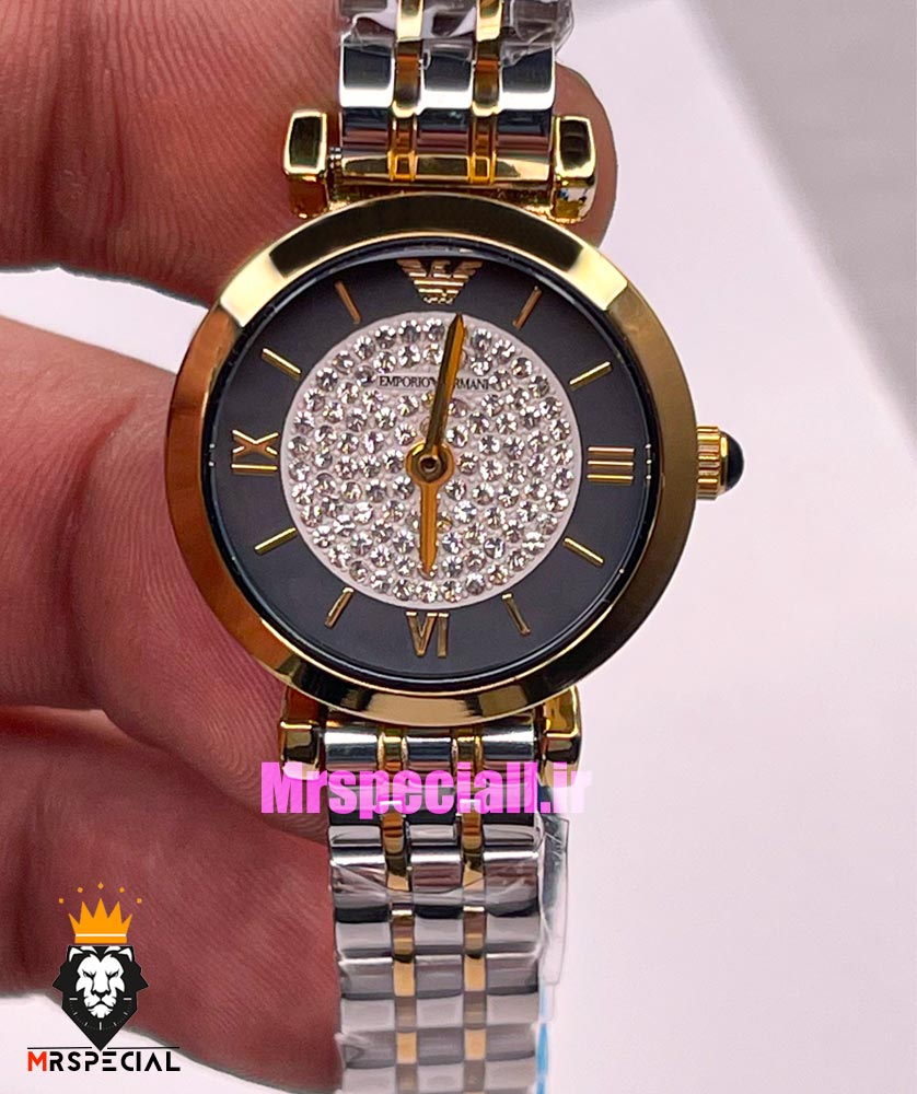 ساعت امپریو ارمانی زنانه استیل دو رنگ طلایی صفحه مشکی نگین 021418 EMPORIO ARMANI