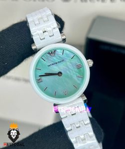 ساعت امپریو ارمانی زنانه سفید سرامیک صفحه صدف سبز 021232 EMPORIO ARMANI 