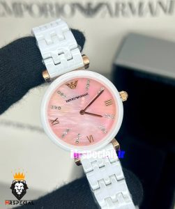 ساعت امپریو ارمانی زنانه سفید سرامیک صفحه صدف صورتی 021226 EMPORIO ARMANI 