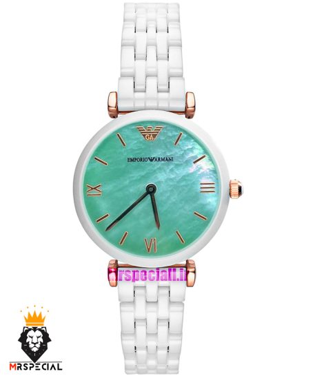 ساعت امپریو ارمانی زنانه سفید سرامیک صفحه سبز صدف 021224 EMPORIO ARMANI