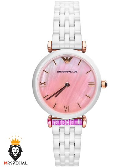 ساعت امپریو ارمانی زنانه سفید سرامیک صفحه صدف صورتی 021228 EMPORIO ARMANI