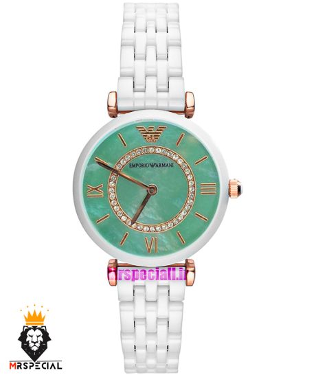 ساعت امپریو ارمانی زنانه سفید سرامیک صفحه صدف سبز 021229 EMPORIO ARMANI