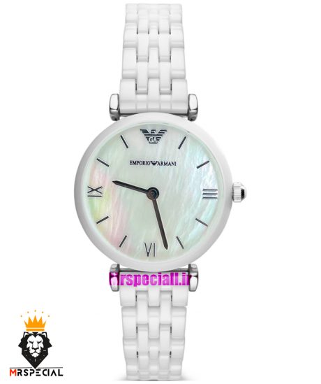 ساعت امپریو ارمانی زنانه سفید سرامیک صفحه صدف سفید 021231 EMPORIO ARMANI