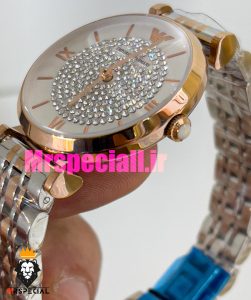 ساعت امپریو ارمانی زنانه استیل دو رنگ رزگلد صفحه سفید نگینی 020902 EMPORIO ARMANI