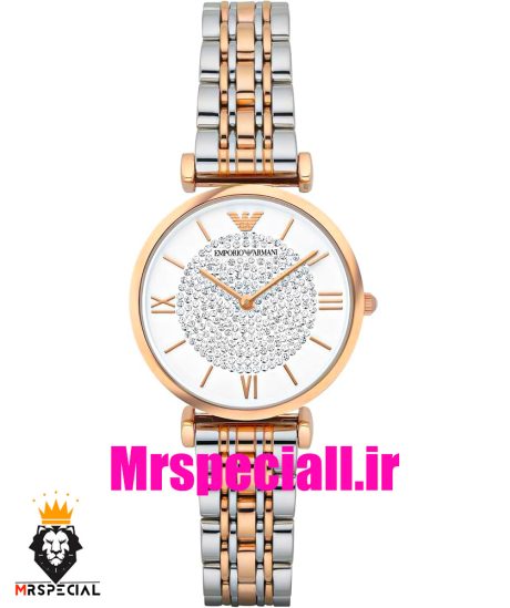 ساعت امپریو ارمانی زنانه استیل دو رنگ رزگلد صفحه سفید نگینی 020902 EMPORIO ARMANI