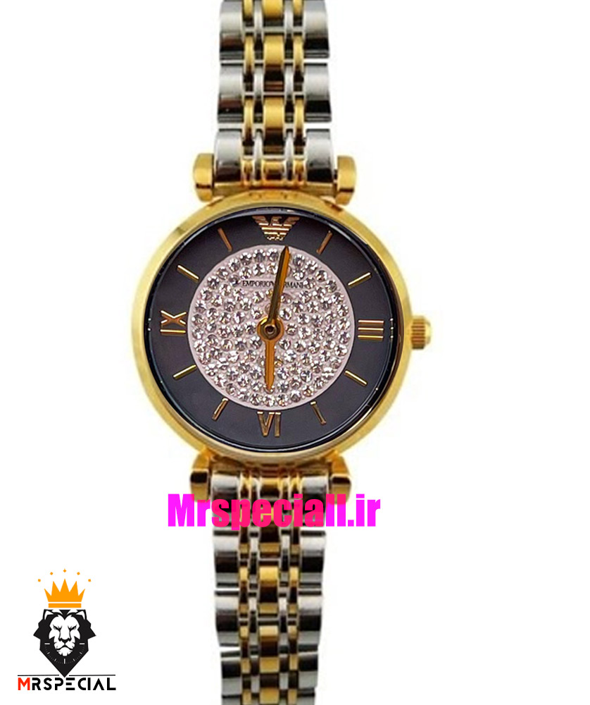 ساعت امپریو ارمانی زنانه استیل دو رنگ طلایی صفحه مشکی نگین 021418 EMPORIO ARMANI