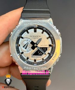 ساعت کاسیو جیشاک بند رابر مشکی قاب استیل صفحه نقره ای Casio g-shock gm-2100 021533