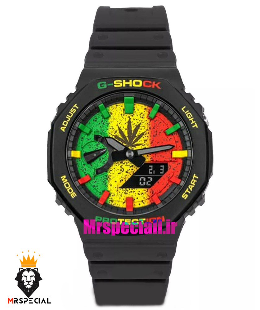 ساعت کاسیو جیشاک مشکی صفحه رنگی باب مارلی Casio g-shock GA-2100 bob marley 021691