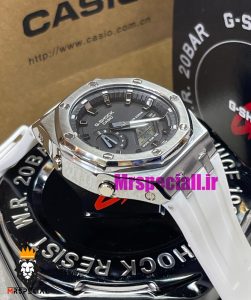 ساعت کاسیو جیشاک مدل اودمارپیگه بند رابر سفید قاب استیل صفحه مشکی Casio g-shock gm-2100 royal oak 021461 