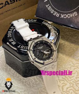 ساعت کاسیو جیشاک مدل اودمارپیگه بند رابر سفید قاب استیل صفحه مشکی Casio g-shock gm-2100 royal oak 021461 