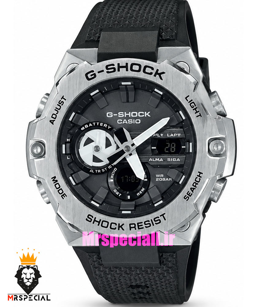 ساعت کاسیو جیشاک بند رابر مشکی قاب استیل صفحه مشکی Casio g-shock GST-B400 021665