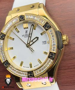 ساعت هابلوت زنانه کوارتز طلایی نگین باگت بند رابر سفید صفحه سفید HUBLOT BIG BANG 020992 