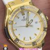ساعت هابلوت زنانه کوارتز طلایی نگین باگت بند رابر سفید صفحه سفید HUBLOT BIG BANG 020992