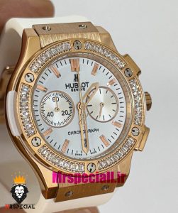 ساعت هابلوت زنانه کرنوگراف رزگلد نگین باگت بند رابر سفید صفحه سفید HUBLOT BIG BANG 021006 