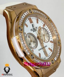 ساعت هابلوت زنانه کرنوگراف رزگلد نگین باگت بند رابر سفید صفحه سفید HUBLOT BIG BANG 021006 