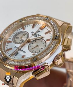 ساعت هابلوت زنانه کرنوگراف رزگلد نگین باگت بند رابر سفید صفحه سفید HUBLOT BIG BANG 021006 