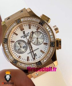 ساعت هابلوت زنانه کرنوگراف رزگلد نگین باگت بند رابر سفید صفحه سفید HUBLOT BIG BANG 021006 