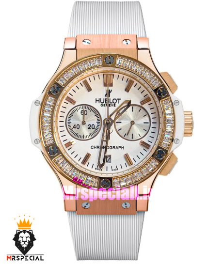 ساعت هابلوت زنانه کرنوگراف رزگلد نگین باگت بند رابر سفید صفحه سفید HUBLOT BIG BANG 021006