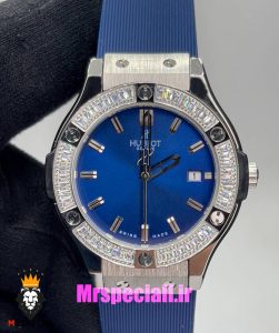 ساعت هابلوت زنانه کوارتز طلایی نگین باگت بند رابر ابی صفحه ابی HUBLOT BIG BANG 020993 