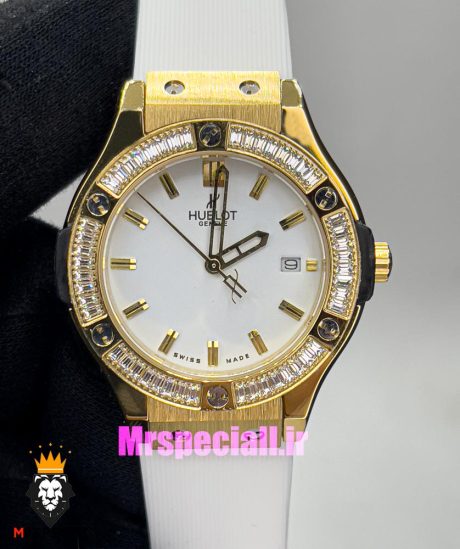 ساعت هابلوت زنانه کوارتز طلایی نگین باگت بند رابر سفید صفحه سفید HUBLOT BIG BANG 020992