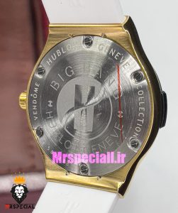 ساعت هابلوت زنانه کوارتز طلایی نگین باگت بند رابر سفید صفحه سفید HUBLOT BIG BANG 020992 