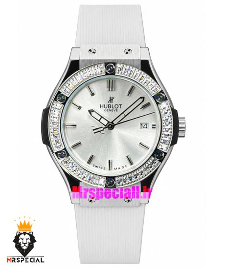ساعت زنانه هابلوت کوارتز قاب نگین باگت سفید بند رابر سفید HUBLOT BIG BANG 020345