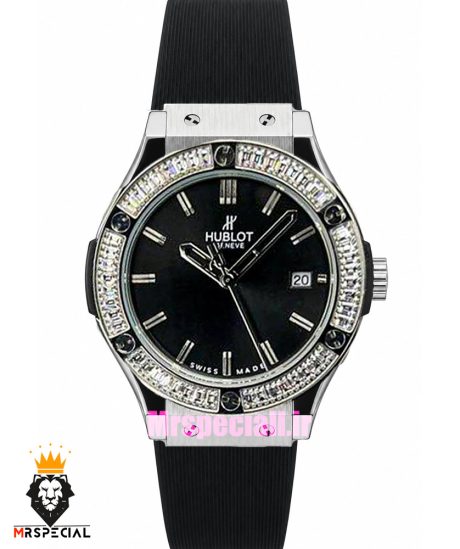 ساعت زنانه هابلوت کوارتز قاب نگین باگت بند رابر صفحه مشکی HUBLOT BIG BANG 020348