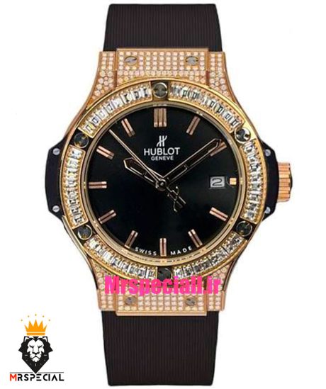 ساعت زنانه هابلوت کوارتز رزگلد فول نگین بند رابر صفحه مشکی HUBLOT BIG BANG 020347