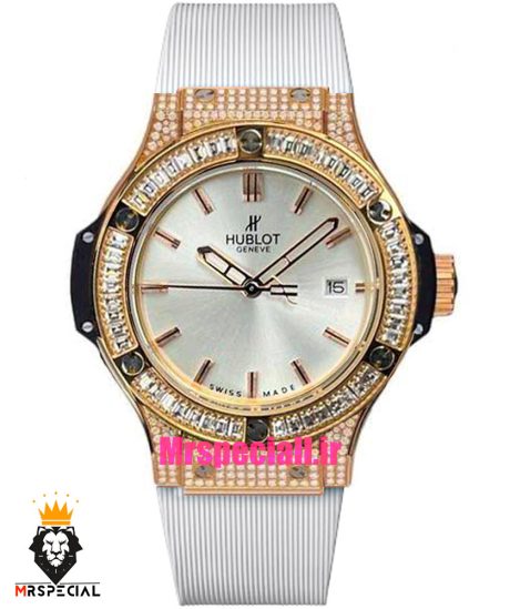 ساعت زنانه هابلوت کوارتز رزگلد فول نگین صفحه سفید بند رابر سفید HUBLOT BIG BANG 020346